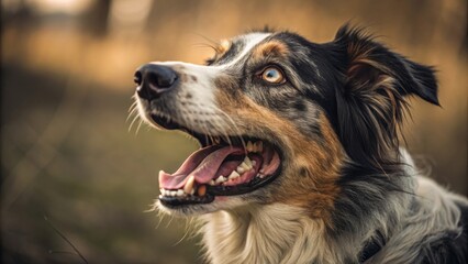 Fototapeta premium Happy Dog with Bright Eyes in Natural Environment - A joyful dog gazes upwards in a serene outdoor setting, showcasing its playful nature and vibrant fur