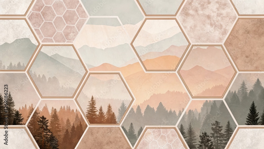 Poster hexagonal mountain landscape background - a visually appealing pattern of hexagonal shapes showcasin