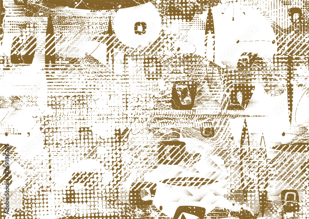 Poster Background with glitch distorted grunge textures . grunge background texture with halftone dots, glitched shapes, textures and lines .Screen print vector background with grunge textured surface.