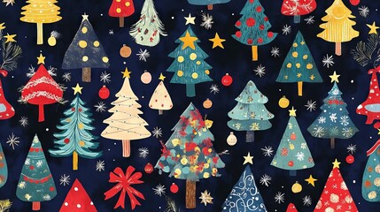 Colorful Christmas trees displayed in a festive pattern against a dark background during the holiday season