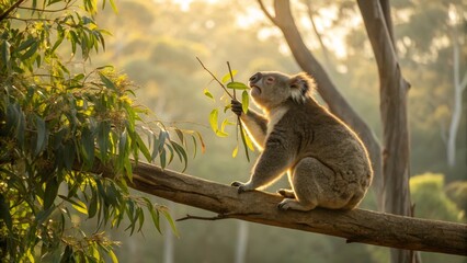 Fototapeta premium Koala Enjoying Eucalyptus Leaves in Nature - A serene of a koala perched on a tree branch, munching on eucalyptus leaves in a tranquil natural setting
