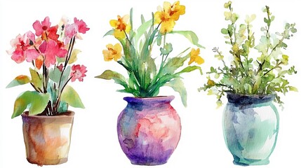 Colorful watercolor paintings of potted plants showcasing pink flowers, yellow blooms, and green herbs