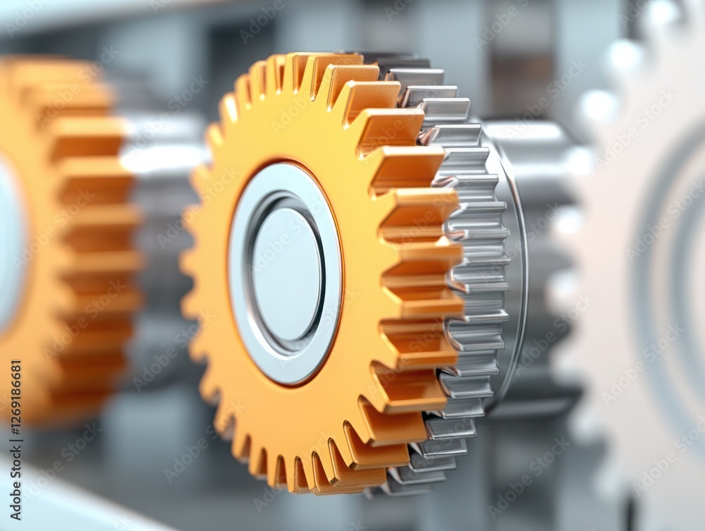 Aufkleber close-up of metallic gears with orange accents meshing together in a mechanical system illustrating 