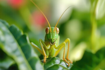 A close-up shot of a grasshopper sitting on a leaf, great for nature or insect-themed designs