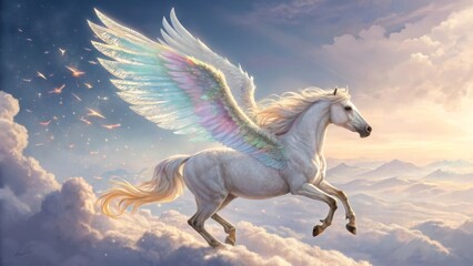 Fototapeta premium Majestic Winged Horse in Flight - A stunning white winged horse soaring through the clouds, radiating magic and beauty with colorful iridescent wings against a serene sky