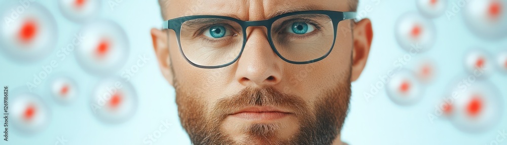 Poster close-up portrait of a thoughtful male with beard and glasses surrounded by abstract red and white e