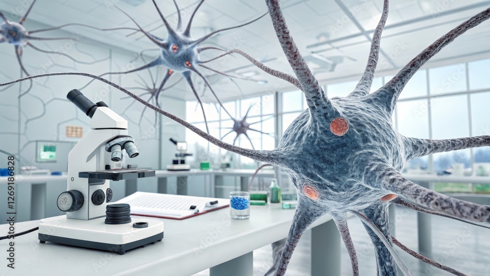 Poster microscope in a modern laboratory with neurons - a detailed view of a microscope in a lab, surrounde