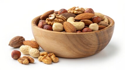Mixed Nuts in Wooden Bowl - A close-up view of a wooden bowl filled with an assortment of nuts, showcasing various types including almonds, walnuts, and hazelnuts