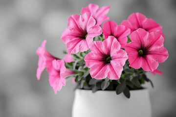 A simple yet elegant still life composition featuring a white vase filled with pink flowers