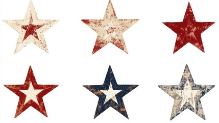 Obraz premium Vintage star designs in red, white, and blue arranged in two rows, perfect for patriotic themes and decor inspiration