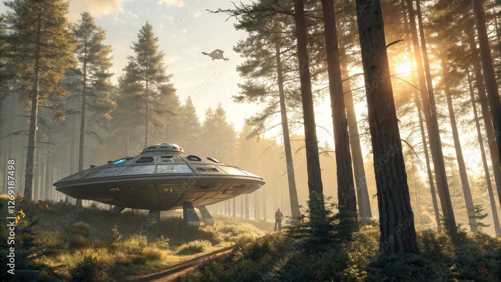 Poster mysterious ufo landing in enchanted forest - a captivating scene of a ufo landing in a serene forest