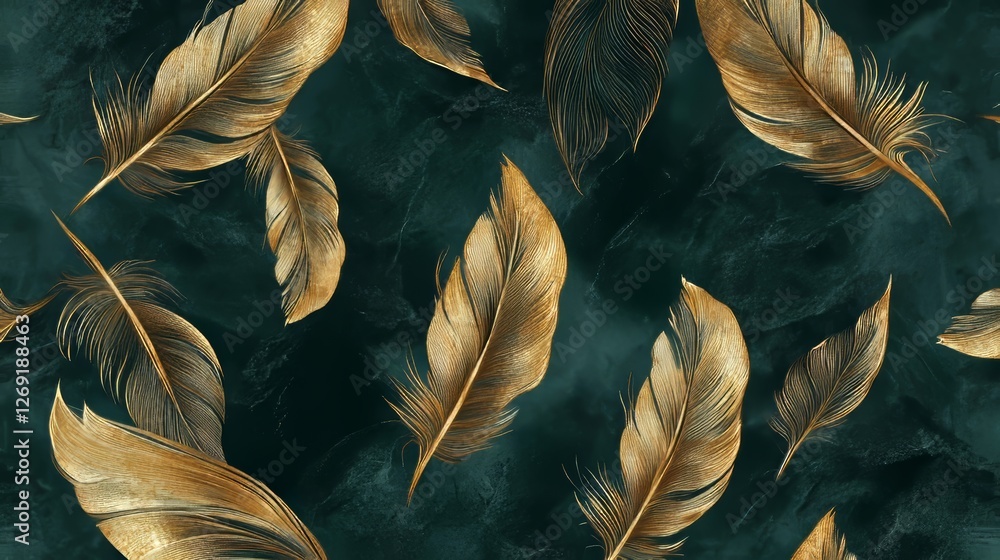 Poster golden feathers scattered on a dark green textured background create an elegant and sophisticated at