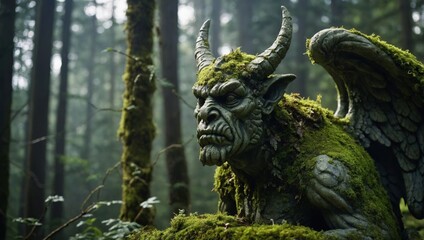 Moss-covered gargoyle statue in an ancient forest