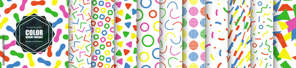 Poster Collection of vector seamless colorful patterns. Bright repeatable fun backgrounds. Vibrant mosaic textures. Trendy children prints. Simple unusual design