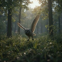 Fototapeta premium A close-up of an owl in flight with its wings spread wide, set against a backdrop of a forest with sunlight filtering through the trees.