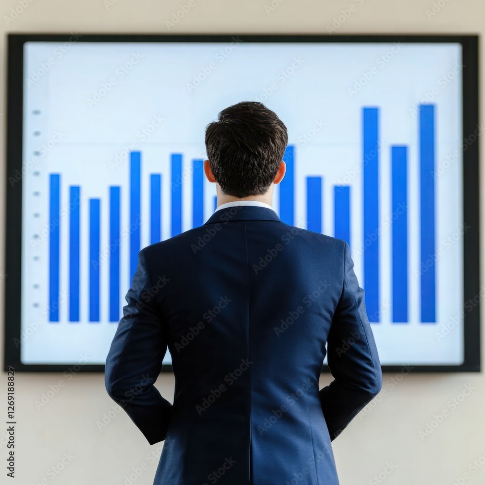 Poster business professional analyzing growth data on large screen display with blue graphs in modern offic