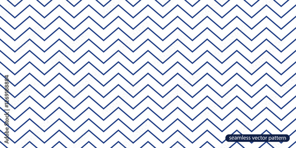 Poster Seamless striped zigzag geometric pattern. Elegant outline chevron background. White and blue linear texture. Endless unusual minimal print