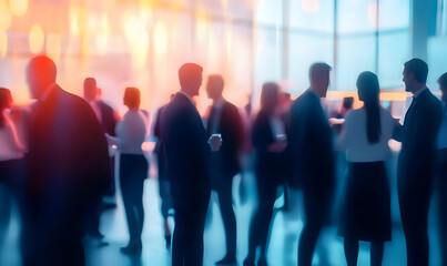 A vibrant networking event with business professionals engaging in conversation, blurred figures creating a sense of motion and activity