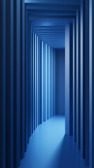 Three-dimensional rendering of a blue corridor with repeating elements. Ideal for architectural visualization.