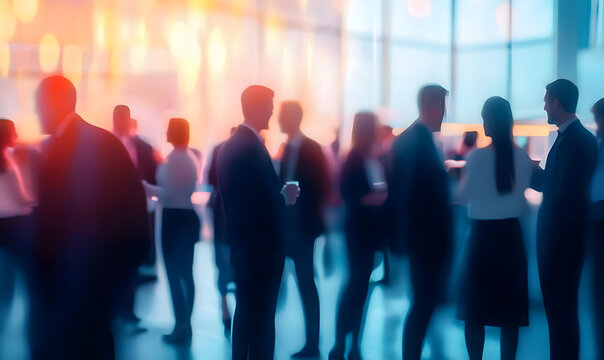 A vibrant networking event with business professionals engaging in conversation, blurred figures creating a sense of motion and activity