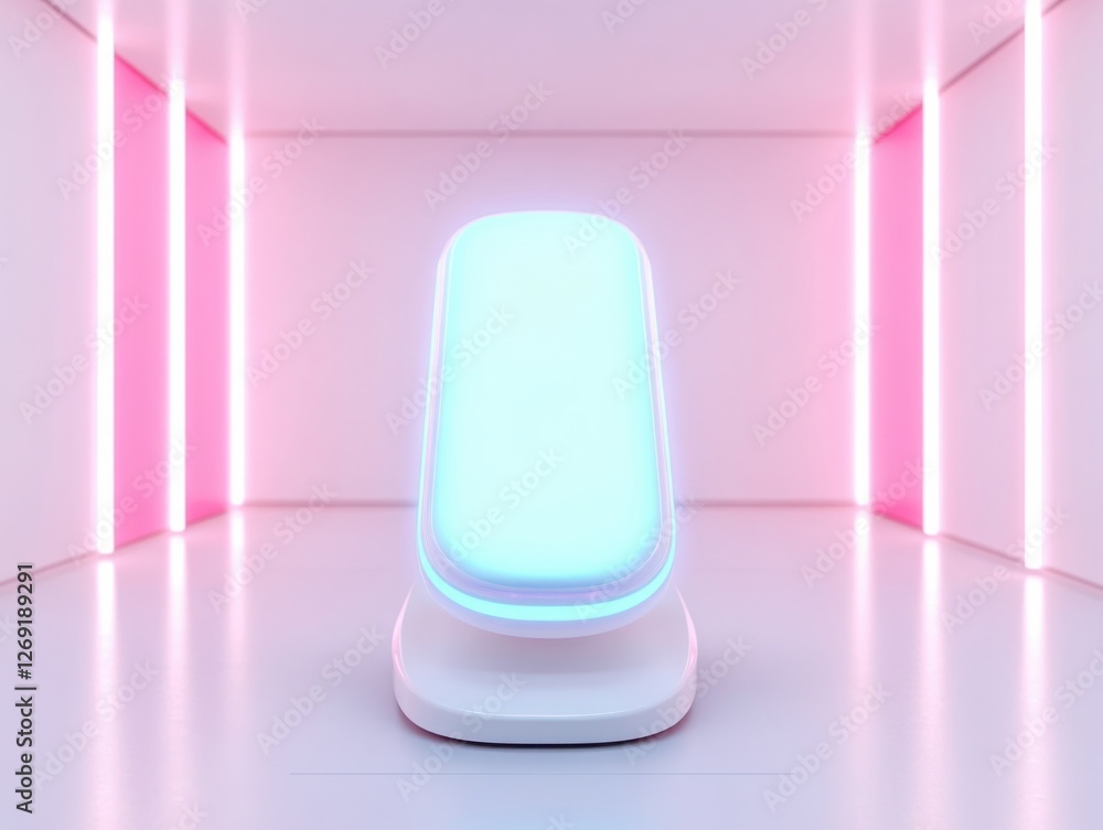 Aufkleber futuristic illuminated object in minimalist space with pink and blue neon lights casting soft glow o