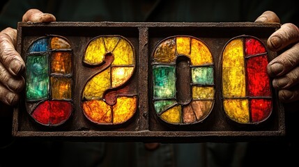 Two hands hold a vintage stained-glass number sign displaying "0200".