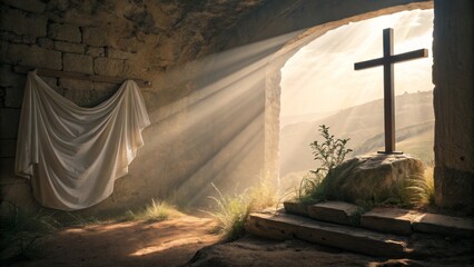 Serene Landscape with Cross and Light Rays - A tranquil scene featuring a cross illuminated by soft rays of light, creating a peaceful atmosphere in a rustic setting