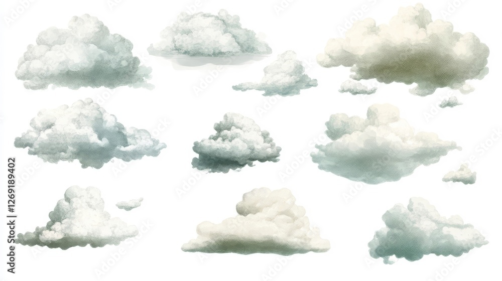 Poster various types of clouds showcasing different shapes and shades in a serene sky setting