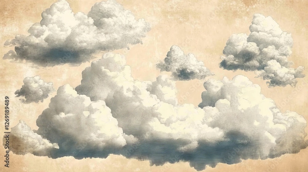 Poster puffy clouds float against a soft beige background, creating an atmospheric display reminiscent of c