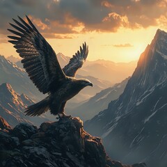 The image depicts a majestic eagle in flight with its wings spread wide, set against a breathtaking mountain landscape at sunset, with the sun casting a warm glow over the scene.