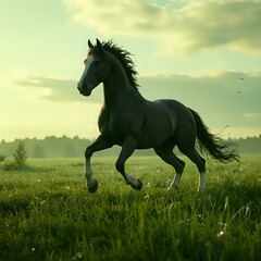 A majestic horse gallops across a verdant meadow, its mane flowing freely as it races under a picturesque sky.