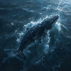 Fototapeta premium The image captures a majestic humpback whale majestically leaping above the turbulent ocean waves, its powerful form contrasting against the dark blue waters and white foam churning beneath its massiv