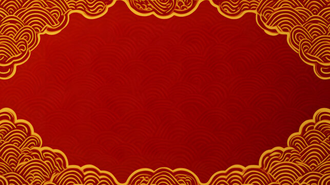 Golden asian chinese new year celebration frame background, abstract red Japanese cloud wave art pattern design backdrop, traditional lunar festival empty rectangle border wallpaper