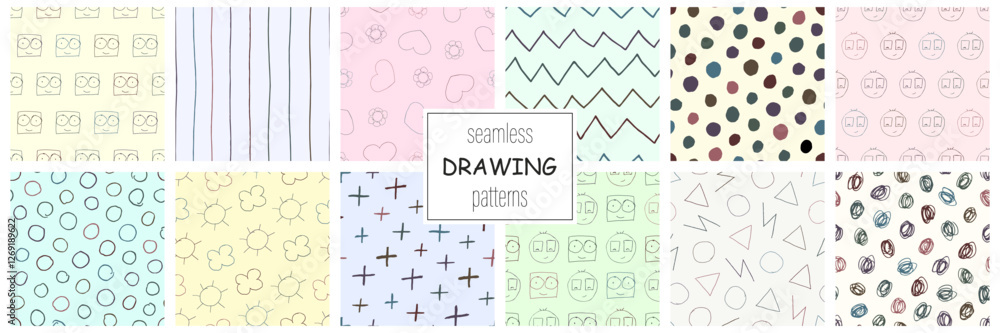 Poster collection of vector seamless colorful patterns - hand drawn delicate design. minimalistic children 