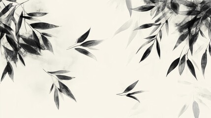 Elegant black and white bamboo leaves creating a serene and artistic composition on a light background