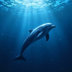 A dolphin gracefully swimming in the deep blue ocean, surrounded by light rays of sunlight piercing the water above.
