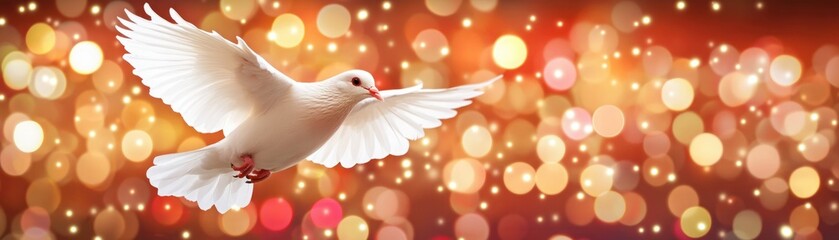 Fototapeta premium Majestic white dove soaring gracefully against a bokeh background of glowing golden and red lights, symbolizing peace and tranquility in a vibrant atmosphere