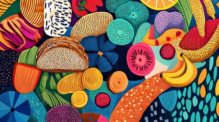 Colorful abstract design featuring fruits and pastries arranged in a vibrant pattern on a dark background