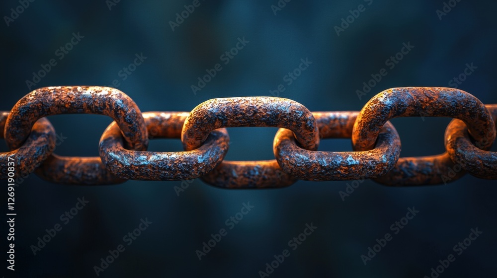 Poster Rusty Chain Links Close-Up in Beautiful Light with Focus on Textures and Details for Realistic Photography