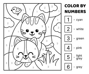Funny playing kittens. Black and white. Color by number. Coloring page. Game for kids. Isolated vector illustration eps 10