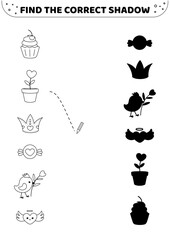 Cute elements. Black and white. Find the correct shadow. Shadow matching game. Isolated vector illustration eps 10
