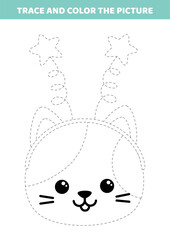 Trace and color. Funny kitten with stars. Handwriting practice. Activity for kids.Education for toddler. Preschool or kindergarten handwriting practice. Isolated vector illustration eps 10
