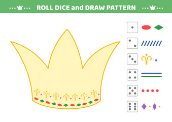 Roll dice and draw pattern. Crown. Drawing game. Draw pattern on crown. Activity for kids. Education for toddler. Isolated vector illustration eps 10
