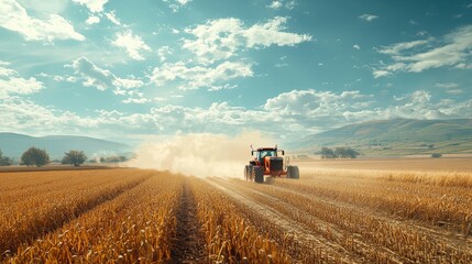Fototapeta premium Realistic Farming Scene with Tractor on Golden Fields Under a Majestic Sky and Dust Clouds
