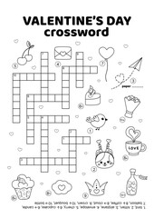 Valentines day black and white crossword. English words. Educational puzzle game for kids. Isolated vector illustration eps 10