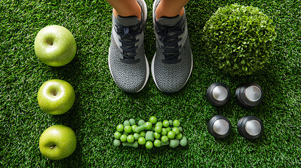 Fitness essentials: sneakers, weights, and healthy snacks