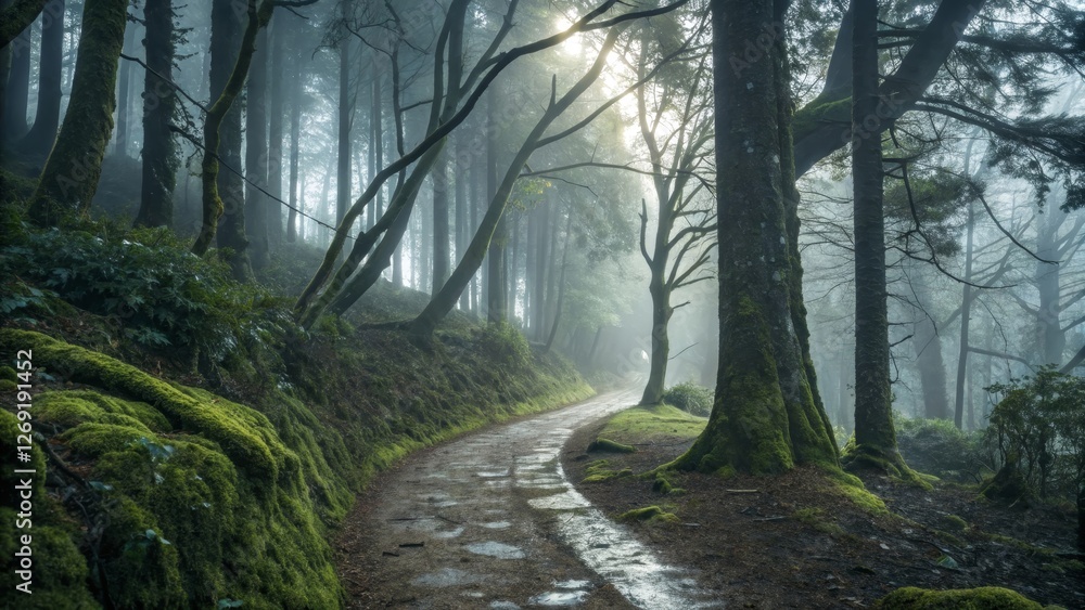 Poster tranquil forest path with misty atmosphere - a peaceful forest path surrounded by tall trees and sof