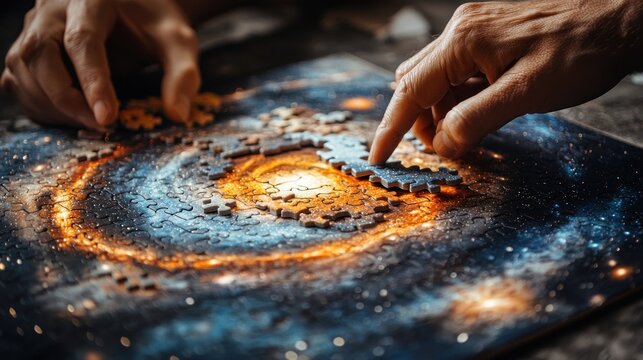 Close-up of hands assembling a galaxy-themed jigsaw puzzle.
