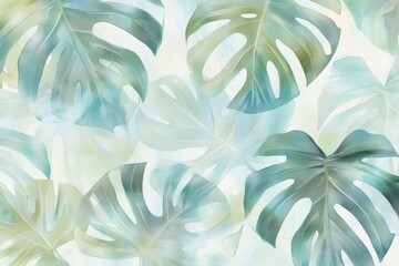 Fototapeta premium Watercolor Monstera Leaves Pattern - Lush Green Botanical Art Background