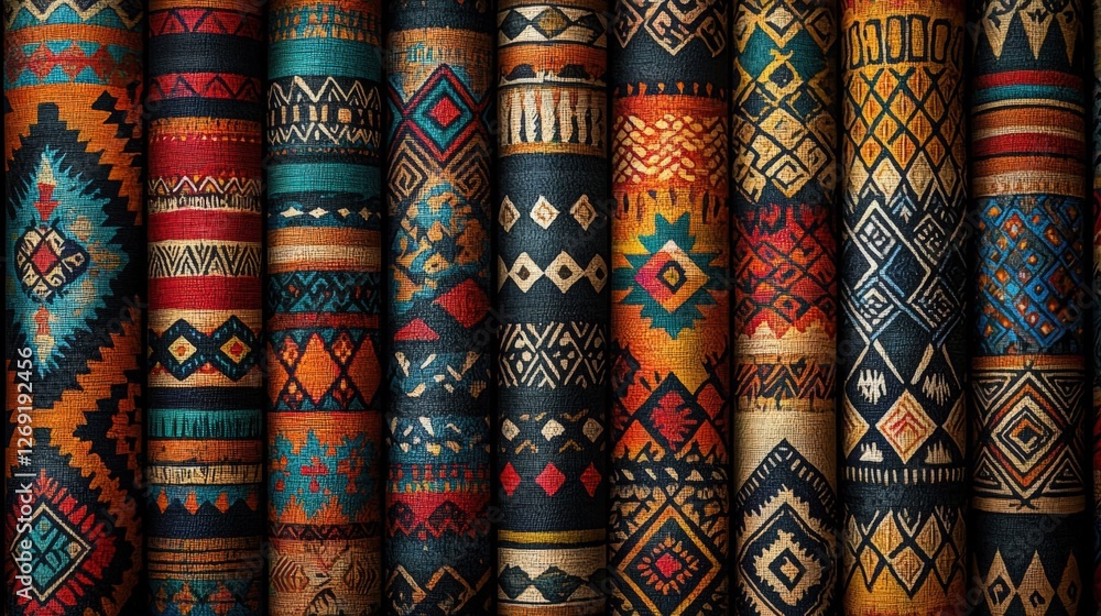 Poster intricate patterns of textiles in vibrant colors showcasing realistic photography techniques
